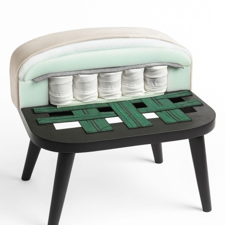 Siedzisko Supreme - przekrój siedziska Supreme, drewniana rama, pasy, pianka i sprężyny ewoodland.pl