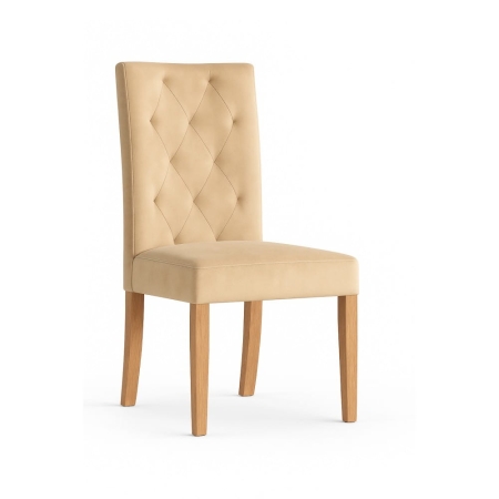 Krzesło tapicerowane Orlando - widok profilowy, beżowa tkanina i dębowe nogi ewoodland.pl