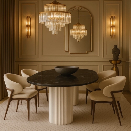 Stół owalny Ravello 200x100 blat z czarnego marmuru i białe ryflowane nogi - w aranżacji eleganckiej jadalni ewoodland.pl