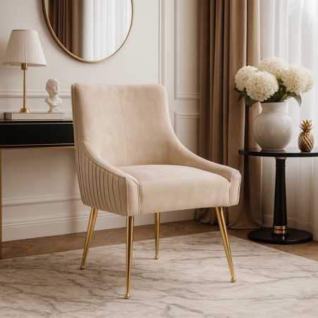 Krzesło fotelowe SIZAR LUX, tapicerowane, tkanina Salvador, złote nogi, aranżacja w stylu Glamour