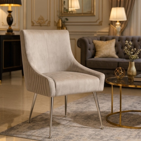 Krzesło fotelowe SIZAR LUX, tapicerowane, tkanina Salvador, srebrne nogi, aranżacja w stylu Glamour