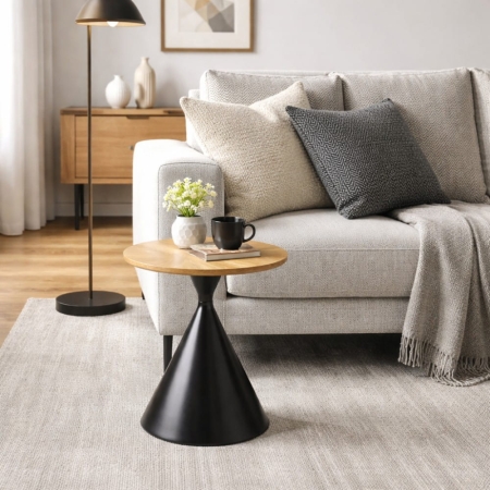 stolik pomocniczy tulia 50 cm przy sofie dąb naturalny czarna podstawa ewoodland.pl