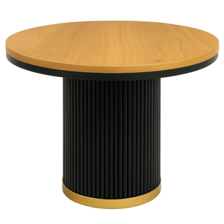 Stół Dione z forniru dębowego – okrągły blat i czarna ryflowana podstawa z metalowym detalem