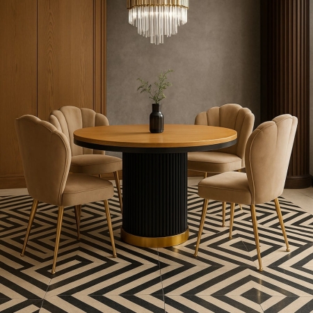 Stół Dione z forniru dębowego w eleganckiej aranżacji jadalni – czarna podstawa i naturalny blat