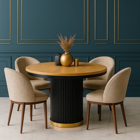 Stół Dione z forniru dębowego w aranżacji art déco – okrągły blat i ryflowana czarna podstawa
