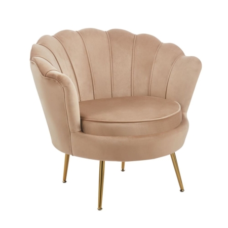 Elegancki tapicerowany fotel Muszelka, velvet cappuccino, złote nogi