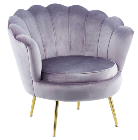 Fotel tapicerowany MUSZELKA szary welur, złote nogi