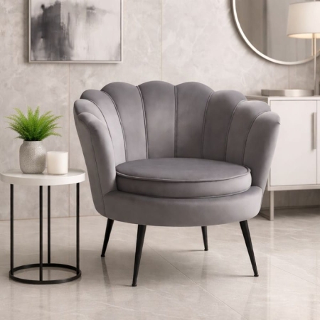 Fotel tapicerowany MUSZELKA szary welur, czarne nogi, aranżacja