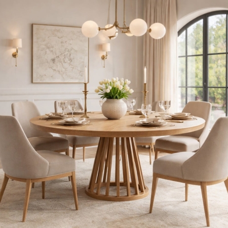 Stół okrągły NEVADA Ø130 cm – lamelowa podstawa, naturalny stół do jadalni, aranżacja
