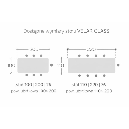 dostępne wymiary stołu velar glass szkic