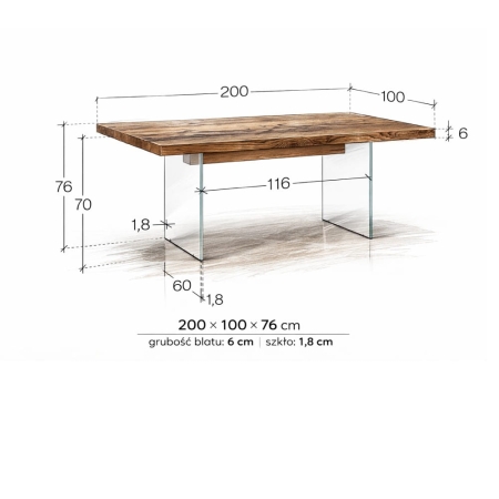 stół velar glass dąb rustical designerski stół dębowy na szklanych nogach - szkic wymiarowy