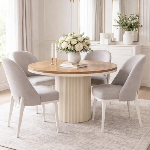 Przejdź do produktu Stół DIONE Cashmere – okrągły rozkładany, ryflowana noga RAL 9002