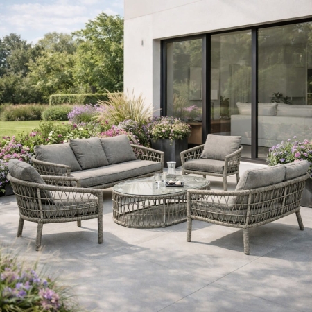 zestaw ogrodowy Emma szary rattanowe meble ogrodowe sofa fotele stolik aranżacja tarasu ewoodland.pl