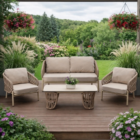 Zestaw ogrodowy Korfu beżowy pleciony komplet mebli na tarasie aranżacja ogrodowa ewoodland.pl