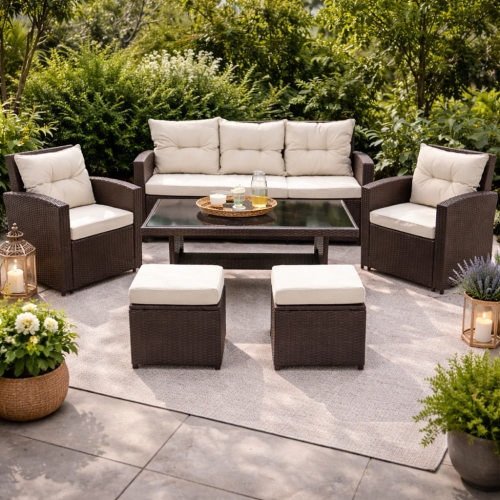 Przejdź do produktu Zestaw ogrodowy ALBA LOUNGE – sofa, fotele, pufy i stół do relaksu na tarasie