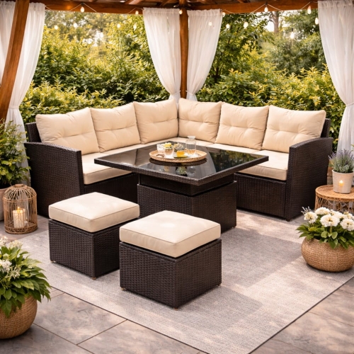 Przejdź do produktu Zestaw ogrodowy TOSCANA CORNER – narożnik z pufami i stolikiem, brąz + krem