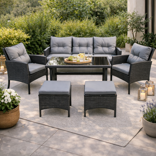 Przejdź do produktu Zestaw ogrodowy ALBA LOUNGE – sofa, fotele, pufy i stół, szary technorattan