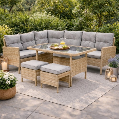 Przejdź do produktu Zestaw ogrodowy SOLARA CORNER – jasny narożnik z pufami i stołem, rattan + szare poduszki