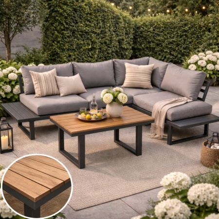 Narożnik ogrodowy aluminiowy Bali ze stolikiem polywood w aranżacji ogrodowej