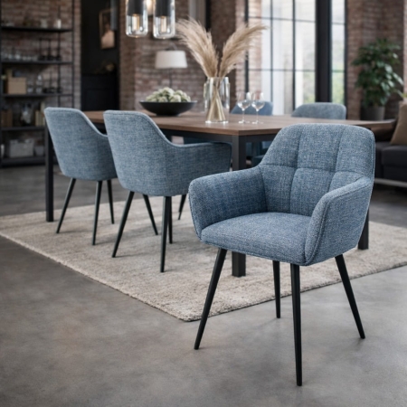 Krzesło z podłokietnikami tkanina brego niebieska czarne metalowe nogi aranżacja
