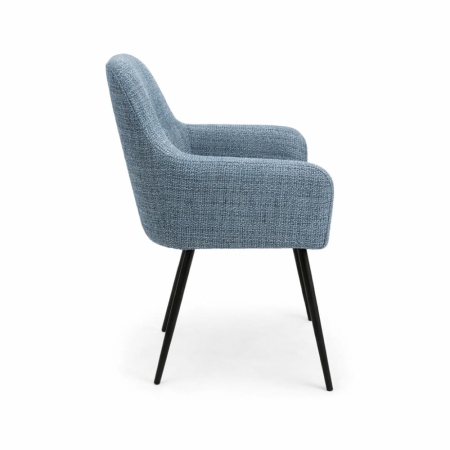 Krzesło z podłokietnikami tkanina brego niebieska czarne metalowe nogi widok boku