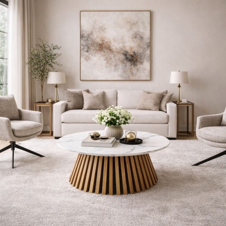 Valenti - okrągły stolik kawowy 80 cm blat imitacja białego marmury lamelowa noga w kolorze dąb naturalny aranżacja modern classic