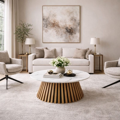 Przejdź do produktu Stolik kawowy VALENTI 80 cm – biały marmur / dąb naturalny, lamelowa podstawa, od ręki