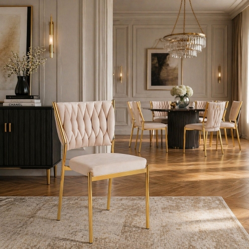 Przejdź do produktu Krzesło ROSSE CHIC beżowe na złotym stelażu – eleganckie do jadalni 