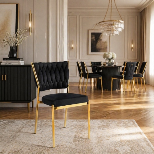 Przejdź do produktu Krzesło ROSSE CHIC czarne na złotym stelażu – eleganckie do jadalni premium