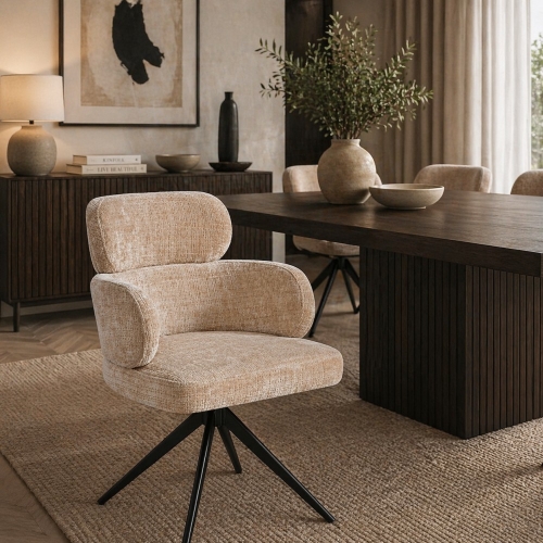 Przejdź do produktu Krzesło obrotowe LIVORA beżowe 360° na czarnej nodze – eleganckie do jadalni premium
