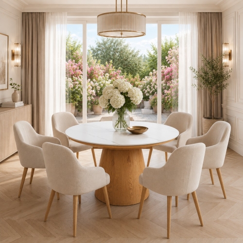 Przejdź do produktu Stół MILO MARBLE – okrągły rozkładany 120–160 cm, biały marmur i dąb