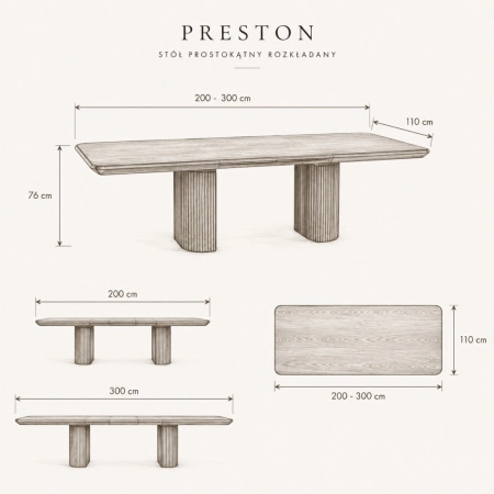 Grafika wymiarowa stołu PRESTON Bawaria 200-300 × 110 cm, wysokość 76 cm