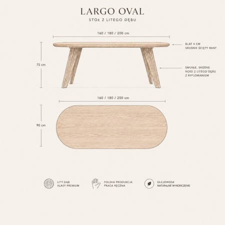 stół dębowy Largo Oval rysunek techniczny z wymiarami ewoodland.pl