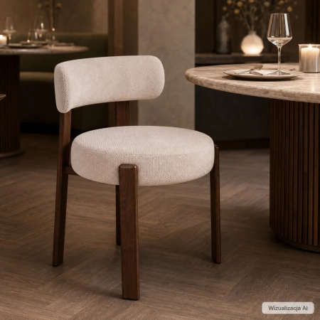 krzesło Savia Vela 06 beżowe ze stelażem w kolorze orzech w eleganckiej aranżacji restauracyjnej ewoodland.pl