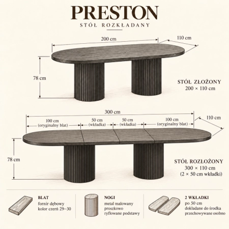 Stół PRESTON OVAL 200–300 × 110 cm szkic wymiarowy ewoodland.pl