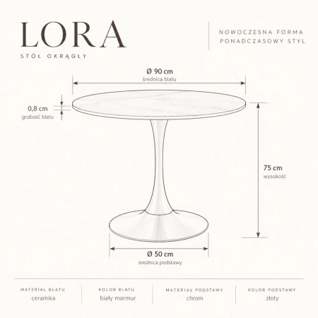 stół Lora 90 cm biały marmur złoty wymiary Ø90 cm wysokość 75 cm i podstawa Ø50 cm ewoodland.pl
