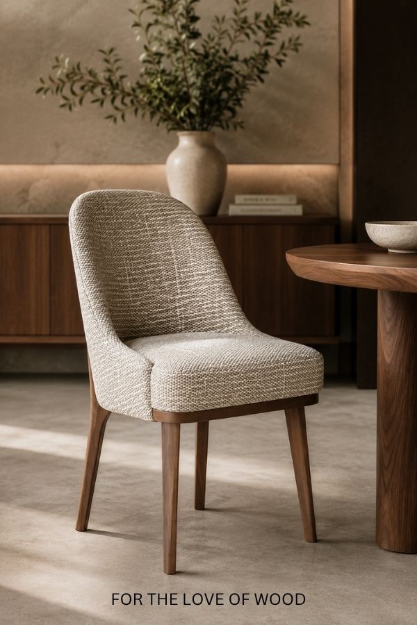 Krzesło tapicerowane Dalia Supreme Arte w aranżacji modern organic z drewnianą podstawą i beżową tkaniną premium – ewoodland.pl