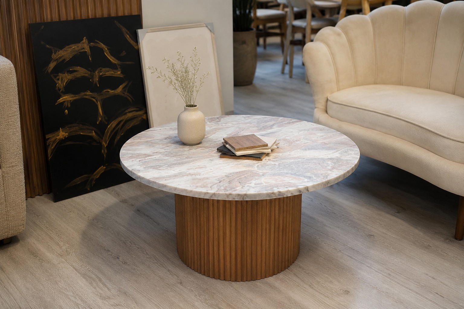 Showroom ewoodland.pl - stół drewniany, krzesła i wzorniki tkanin