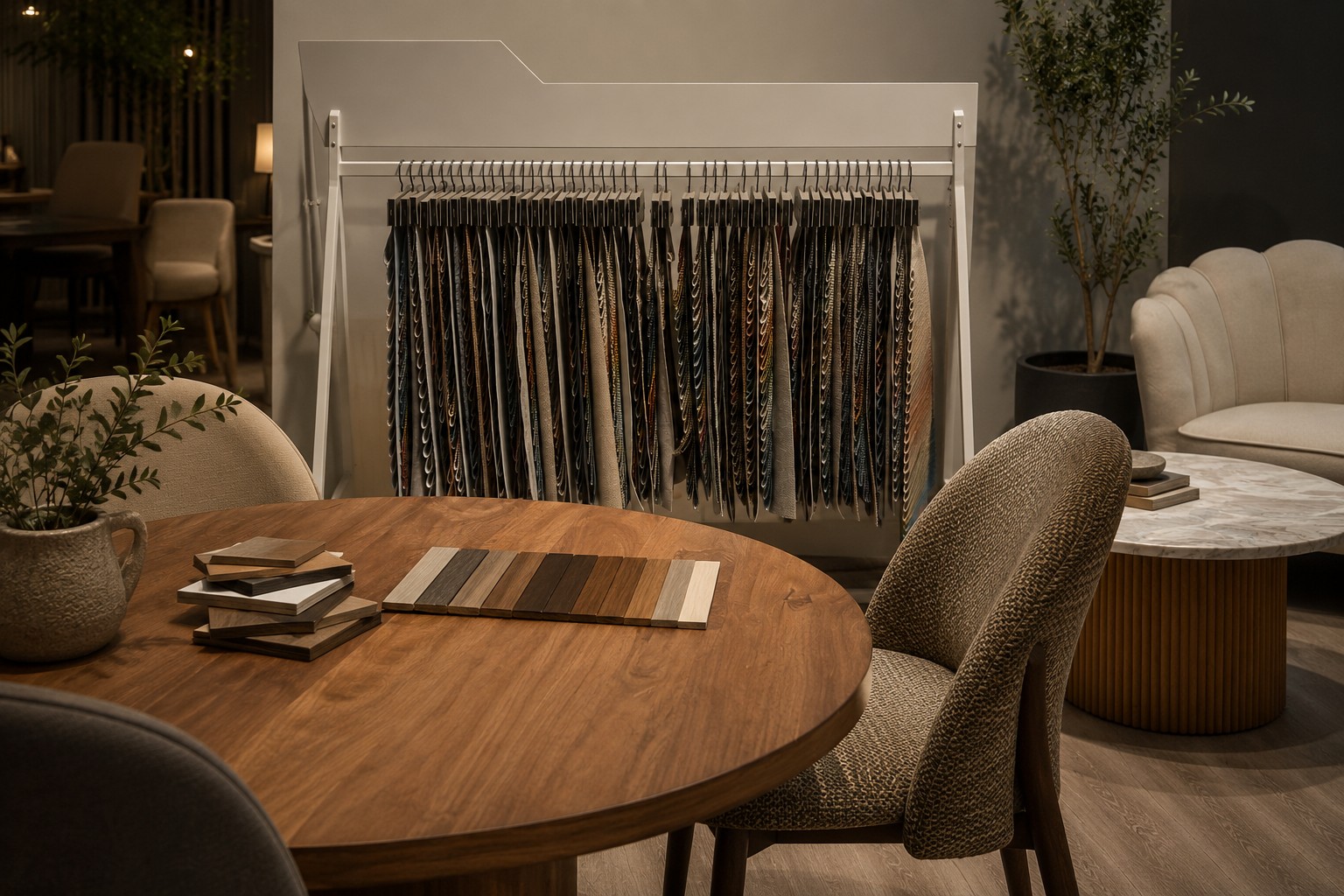 Showroom ewoodland.pl - próbki drewna, wybarwienia i stół drewniany