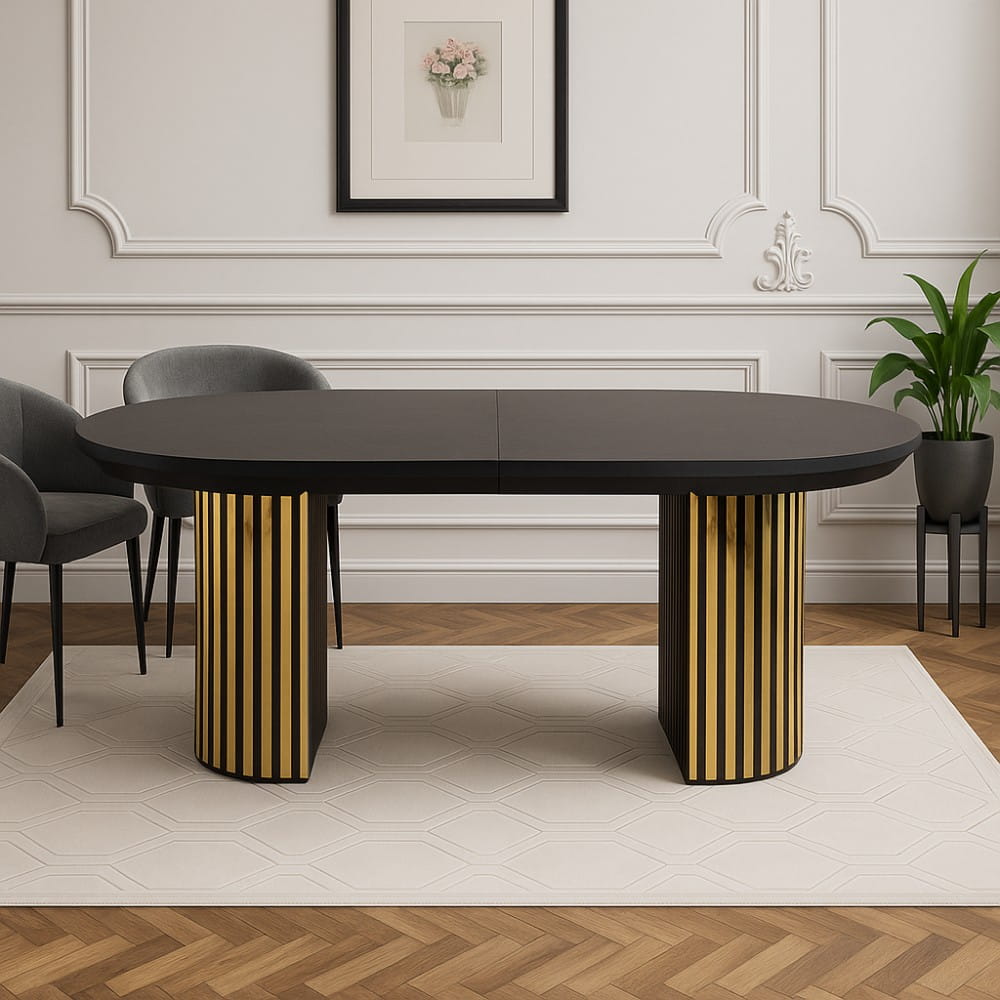 stół Preston Oval Glamour czarny blat złota podstawa w aranżacji jadalni glamour ewoodland.pl