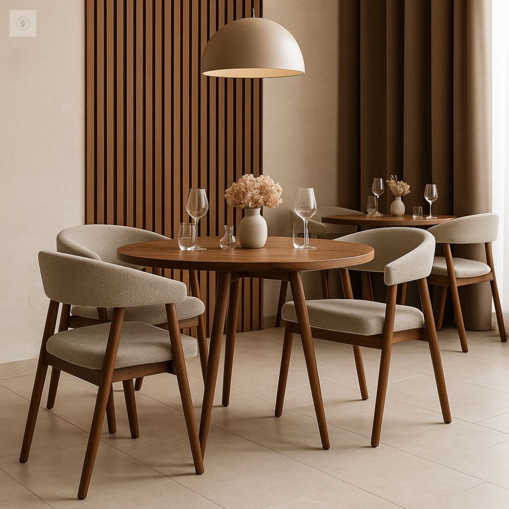 Krzesło GIOVANI w eleganckiej restauracji – drewno orzech i jasnoszara tkanina | ewoodland.pl