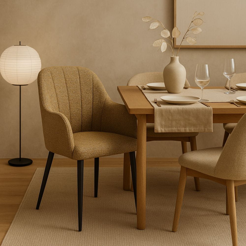 Krzesło TULIP tapicerowane tkaniną Hevre w aranżacji nowoczesnej jadalni – melanżowa struktura i podłokietniki | ewoodland.pl