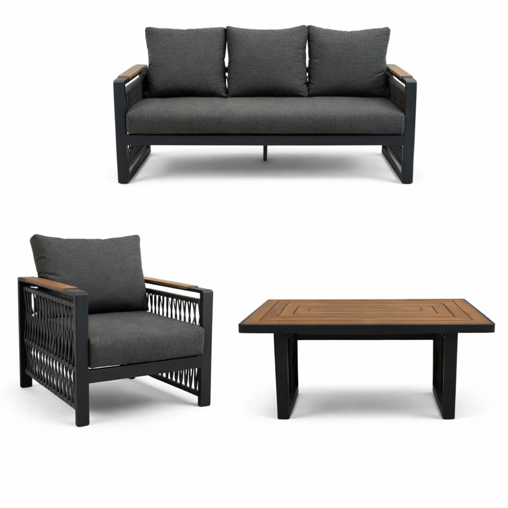 Zestaw ogrodowy capri grafitowy konstrukcja aluminium i splot z liny, stół polywood ewoodland.pl.