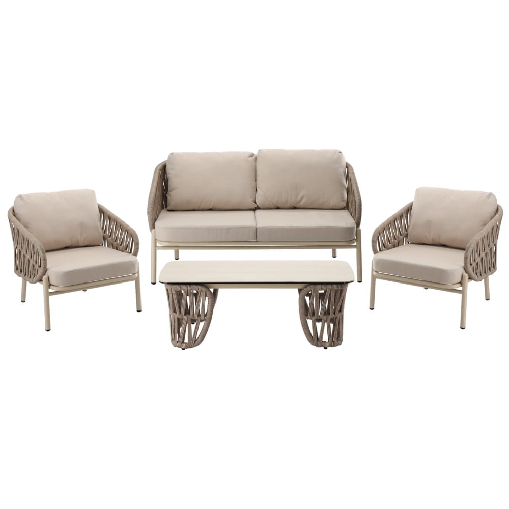 Zestaw ogrodowy Korfu beżowy sofa dwa fotele stolik widok frontowy ewoodland.pl