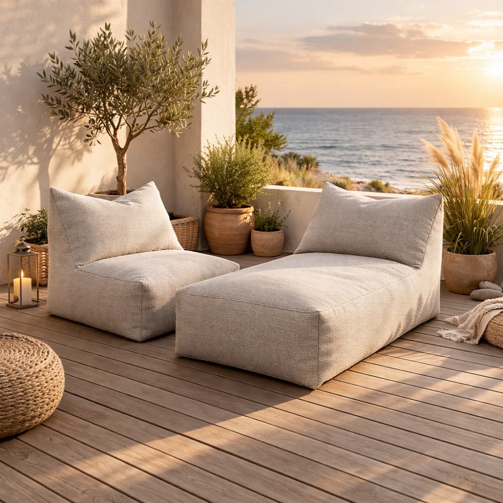 zestaw BALI bjorn jasny beż aranżacja taras zachód słońca klimat relaks