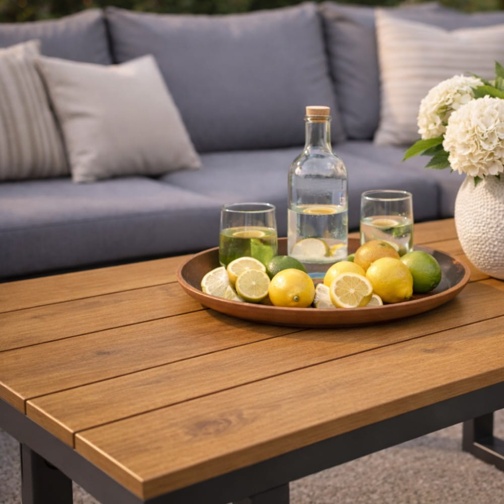 Zbliżenie blatu stolika ogrodowego polywood Bali