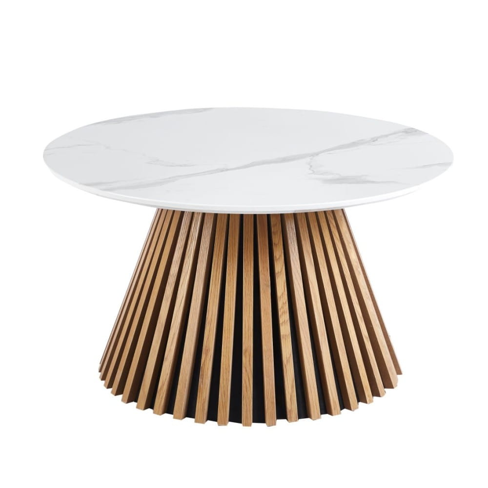 Valenti - okrągły stolik kawowy 80 cm blat imitacja białego marmury lamelowa noga w kolorze dąb naturalny
