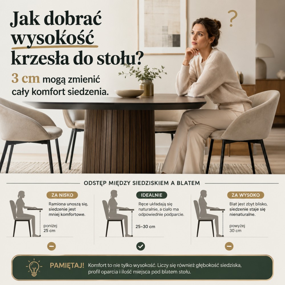 Jak dobrać wysokość krzesła do stołu? 3 cm mogą zmienić cały komfort siedzenia.